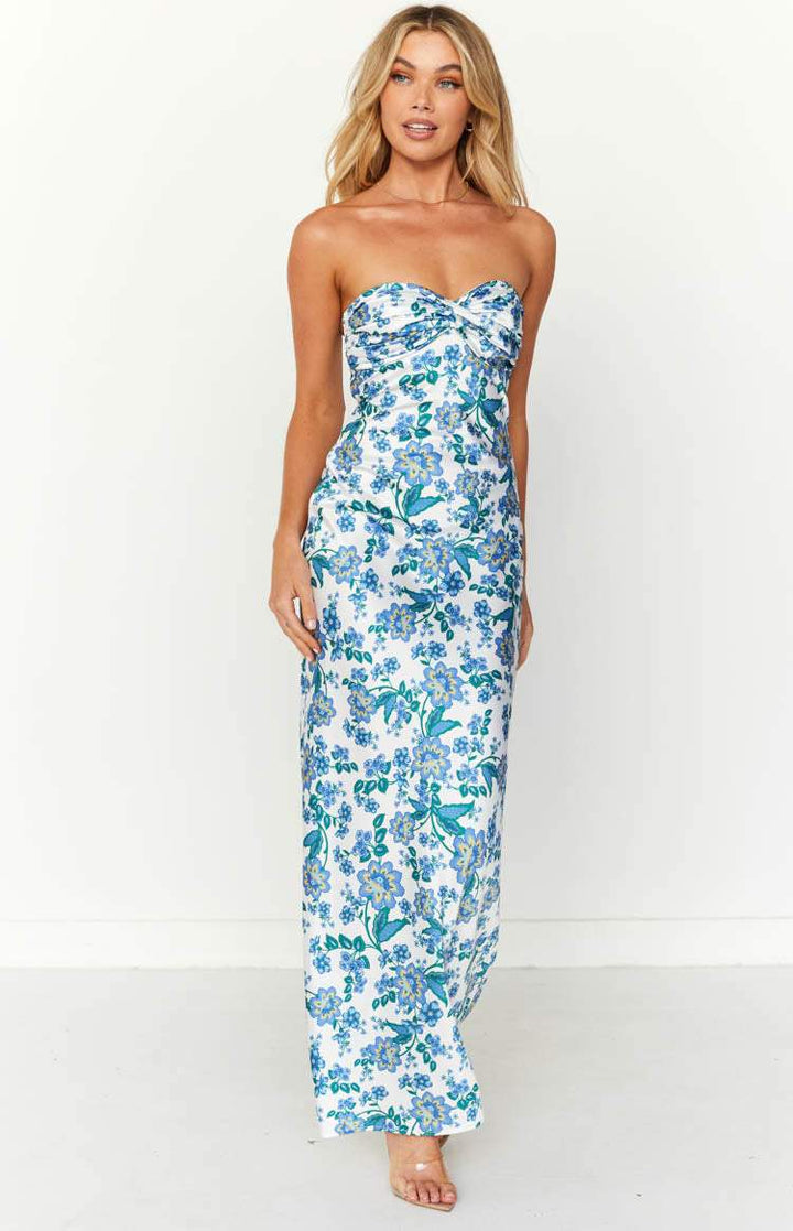 Knotted Tube Dress with Blue Floral Print – Mireva-S-State of Style