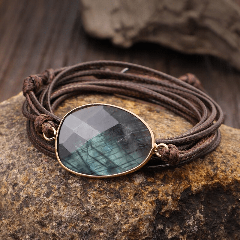 Labradorite Rope-Wrap Bracelet - Lunaria-Dark brown-State of Style
