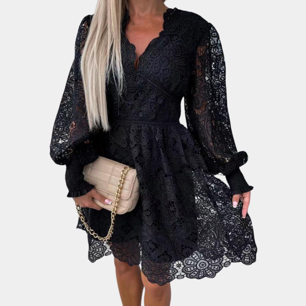 Lace Midi Dress with Floral Pattern – Eliane-Black-XS-State of Style