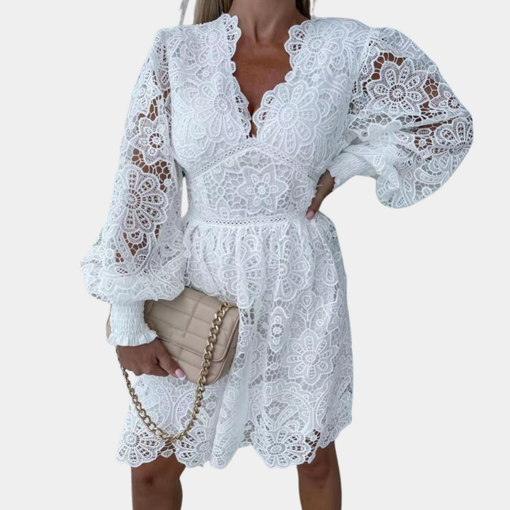 Lace Midi Dress with Floral Pattern – Eliane-White-XS-State of Style