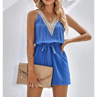 Lace Summer Jumpsuit with V-Neck and Shorts – Sorelle-Blue-S-State of Style