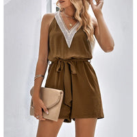 Lace Summer Jumpsuit with V-Neck and Shorts – Sorelle-Khaki-S-State of Style