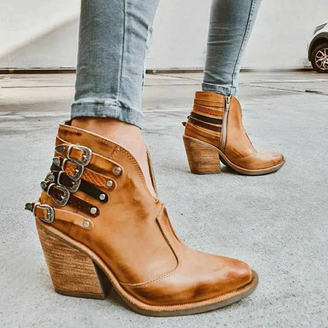Ladies Ankle Boots with V-Cut and Buckle Detail – Léa-Brown-4.5-State of Style