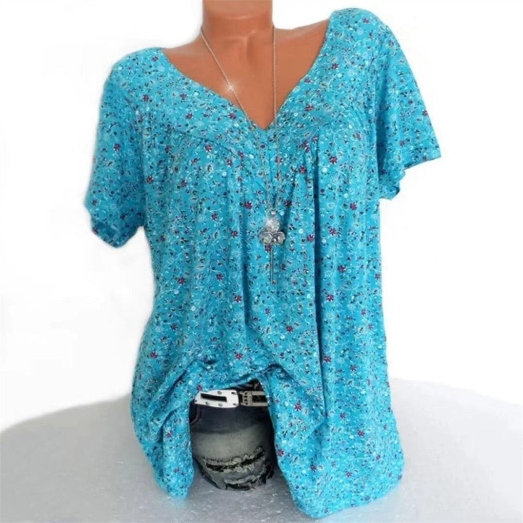 Ladies Boho Summer Blouse with Floral Print - Celeste-Blue-S-State of Style
