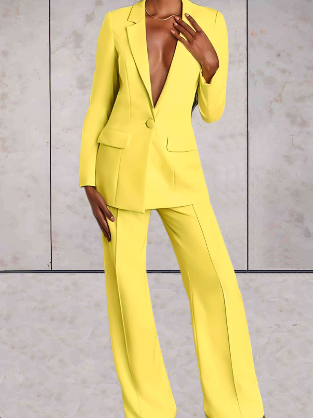 Ladies' business two-piece set with blazer & wide-leg trousers – Emilia-Yellow-S-State of Style