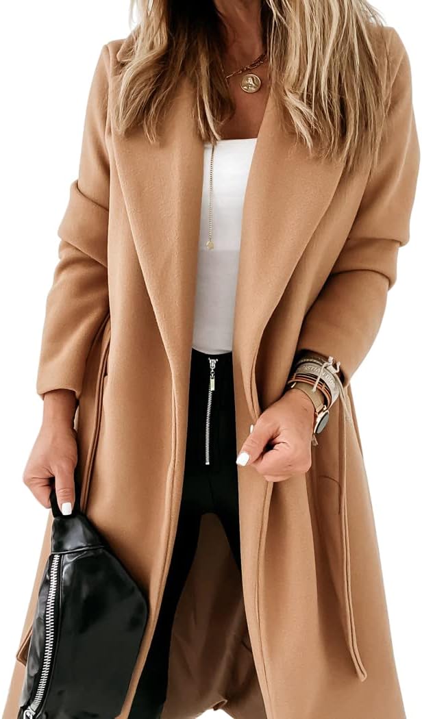 Ladies Classic Coat with Notched Collar and Open Front – Paulina-Beige-S-State of Style