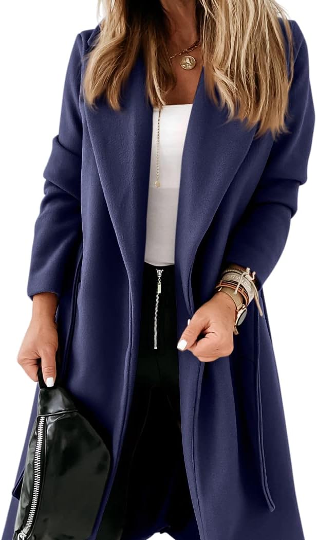 Ladies Classic Coat with Notched Collar and Open Front – Paulina-Blue-S-State of Style
