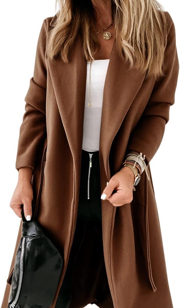 Ladies Classic Coat with Notched Collar and Open Front – Paulina-Brown-S-State of Style