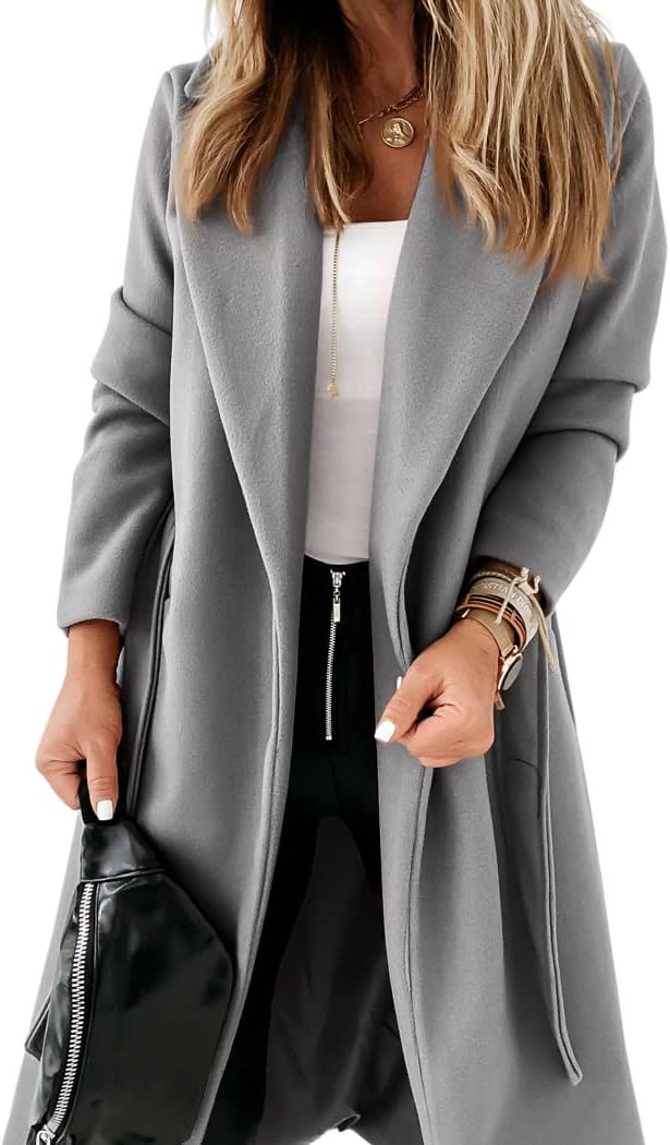 Ladies Classic Coat with Notched Collar and Open Front – Paulina-Grey-S-State of Style