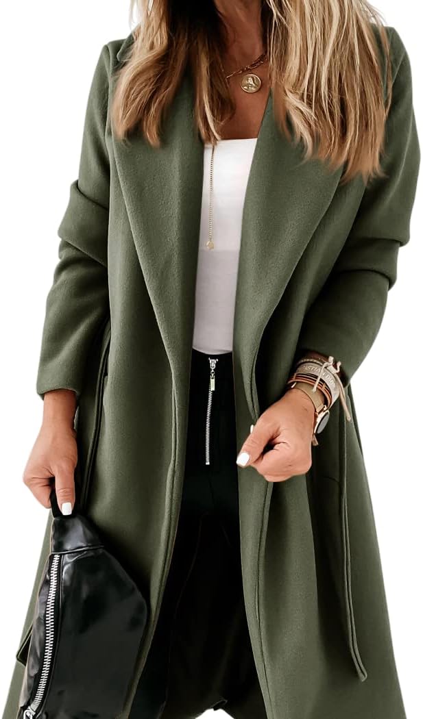 Ladies Classic Coat with Notched Collar and Open Front – Paulina-Olive green-S-State of Style