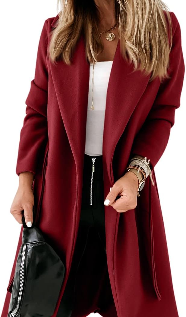 Ladies Classic Coat with Notched Collar and Open Front – Paulina-Wine red-S-State of Style