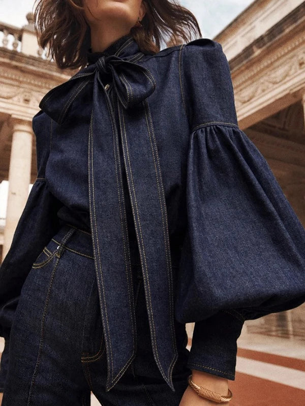 Ladies’ Denim Blouse with Puff Sleeves - Riva-S-State of Style