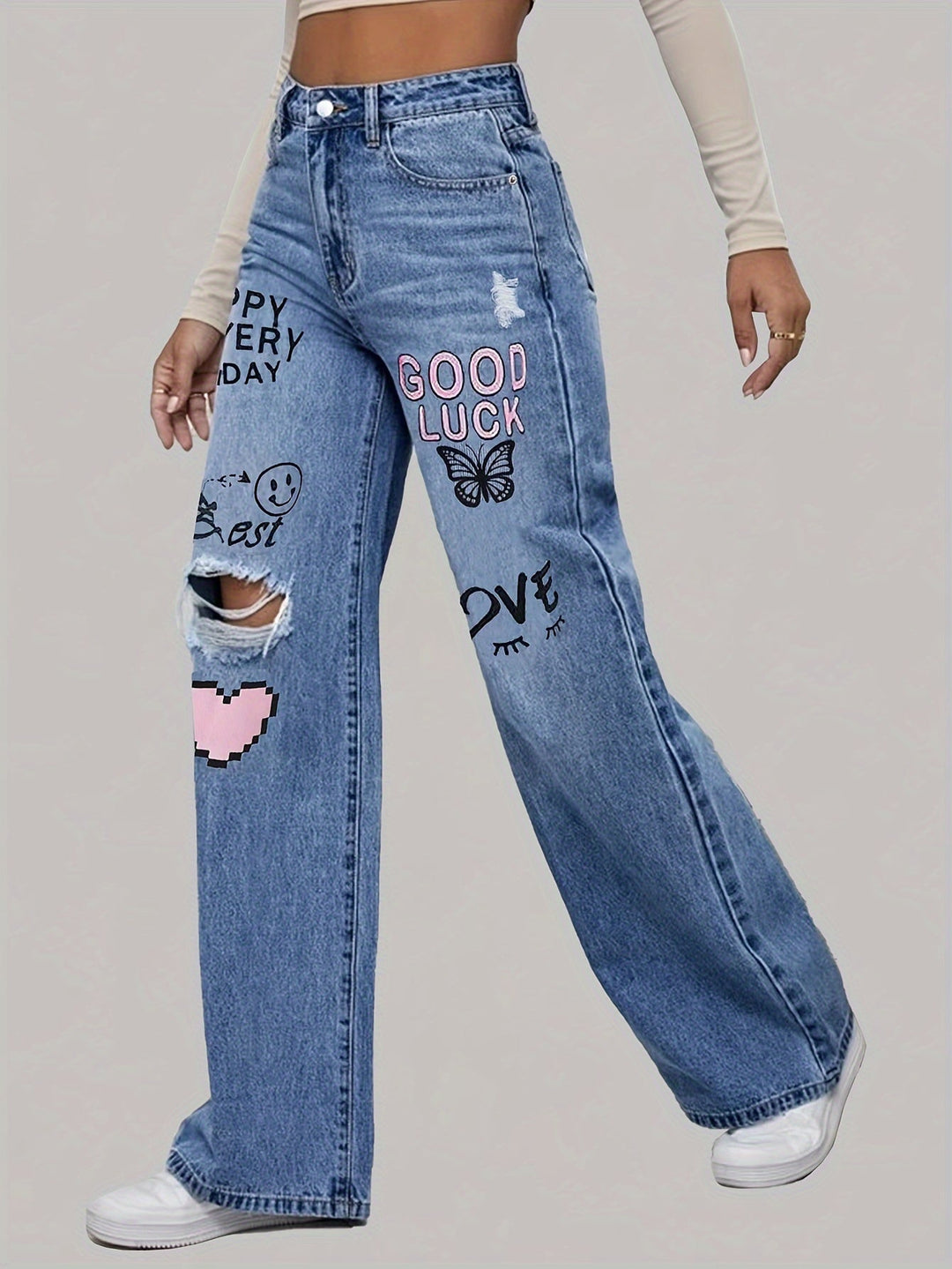 Ladies Jeans with Hearts and Graffiti Print - Lotte-Medium Blue-XS-State of Style