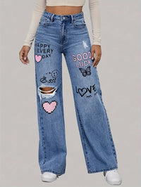 Ladies Jeans with Hearts and Graffiti Print - Lotte-Medium Blue-XS-State of Style
