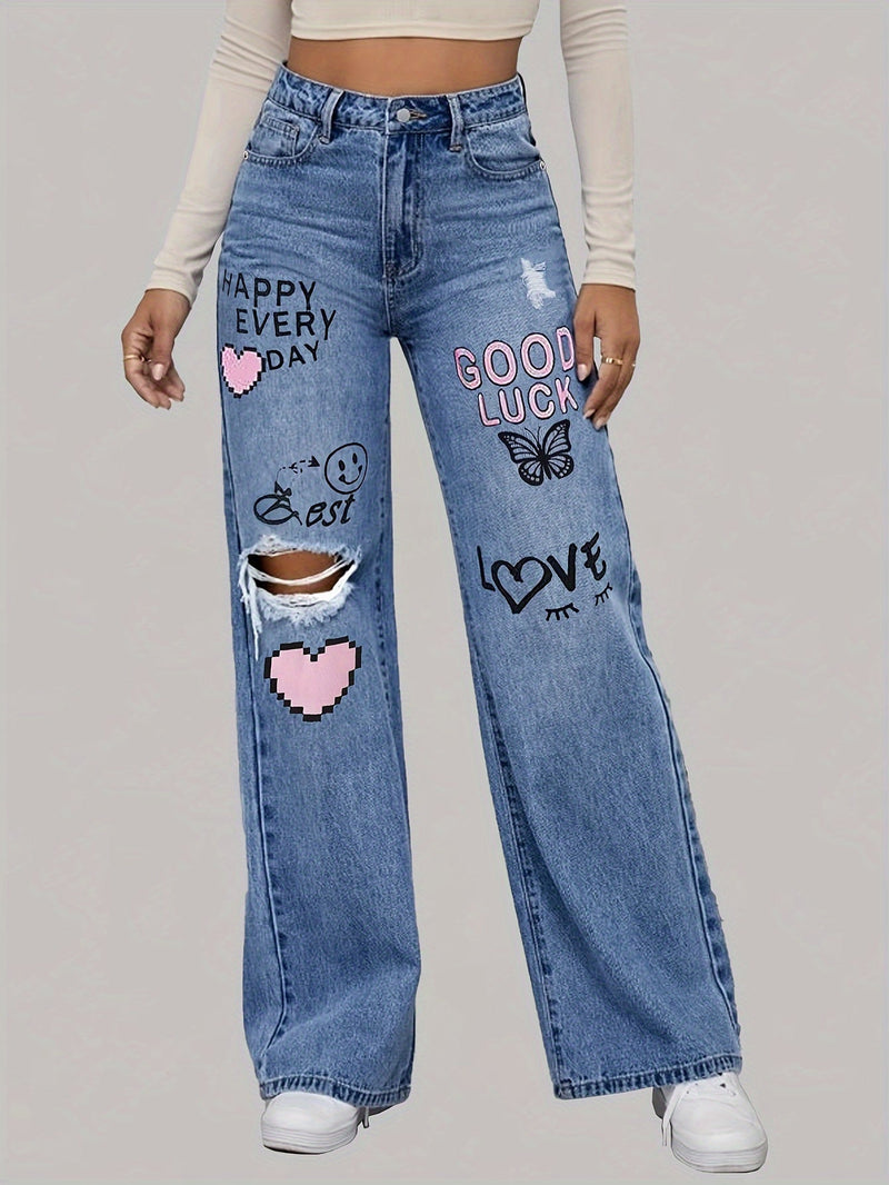 Ladies Jeans with Hearts and Graffiti Print - Lotte-Medium Blue-XS-State of Style