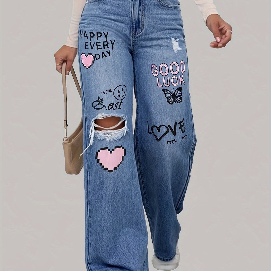 Ladies Jeans with Hearts and Graffiti Print - Lotte-Medium Blue-XS-State of Style