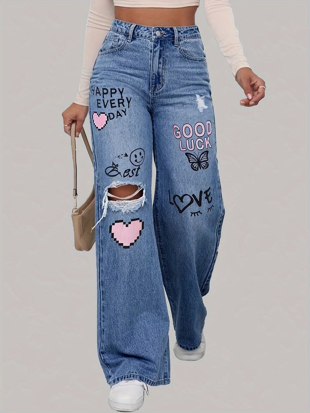 Ladies Jeans with Hearts and Graffiti Print - Lotte-Medium Blue-XS-State of Style