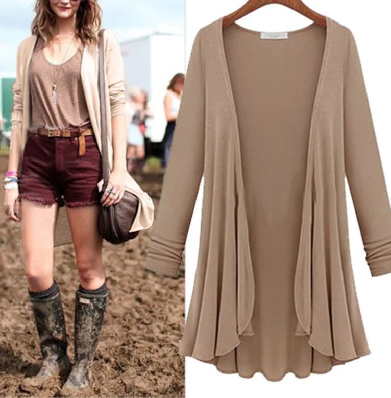 Ladies' knitted cardigan with ruffles – Chiara-Khaki-S-State of Style