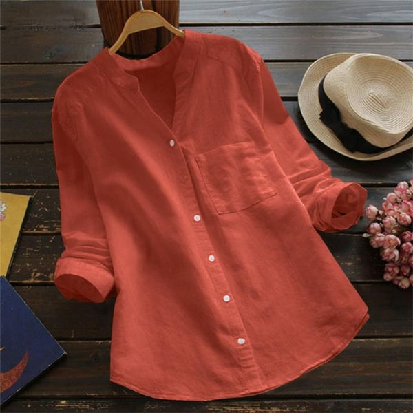 Ladies Linen Shirt with Long Sleeves – Isla-Red-S-State of Style
