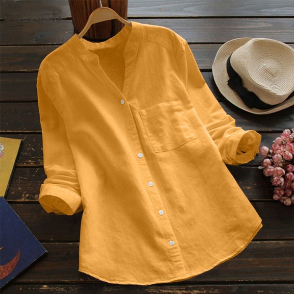 Ladies Linen Shirt with Long Sleeves – Isla-Yellow-S-State of Style