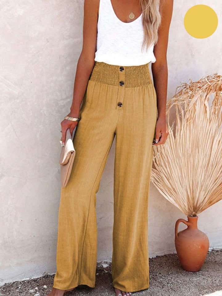 Ladies' linen trousers with a high waist and wide leg – Livia-Yellow-S-State of Style