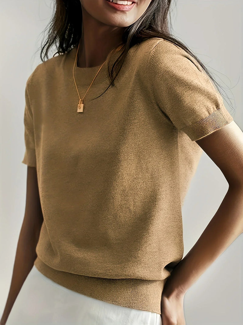 Ladies Short Sleeve Spring Sweater – Mila-Beige-XS-State of Style