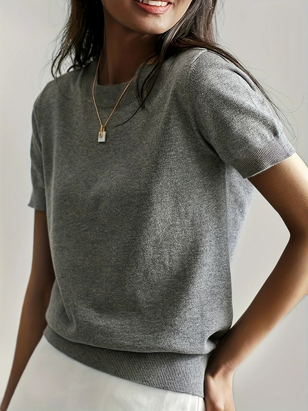 Ladies Short Sleeve Spring Sweater – Mila-Gray-XS-State of Style