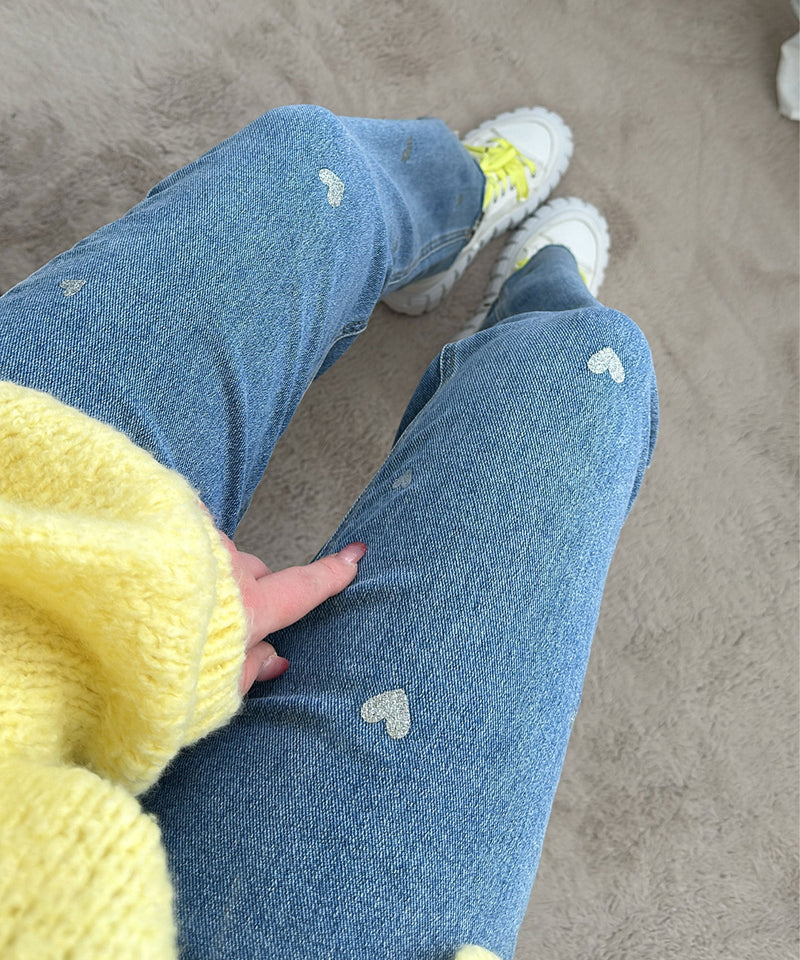 Ladies Stretch Jeans with Wide Legs and Heart Print - Amelie-XS-State of Style