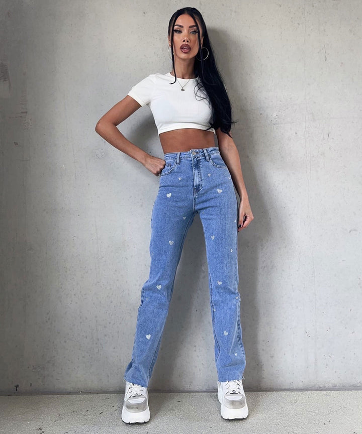 Ladies Stretch Jeans with Wide Legs and Heart Print - Amelie-XS-State of Style