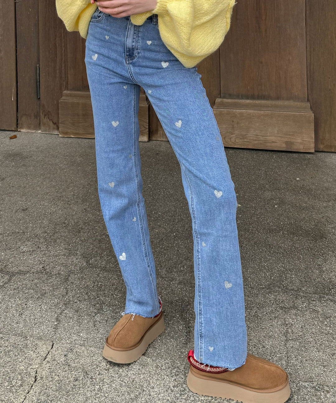 Ladies Stretch Jeans with Wide Legs and Heart Print - Amelie-XS-State of Style