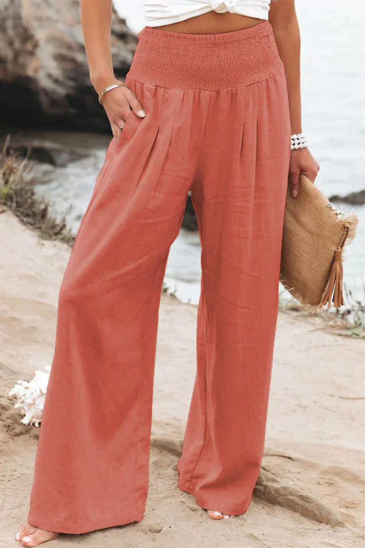 Ladies' Summer Linen Trousers with Airy Cut and Relaxed Fit – Alvera-Orange-S-State of Style