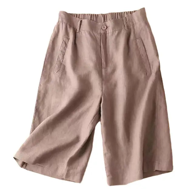 Ladies' summer shorts made of linen-cotton blend in knee length – Elvira-Khaki-S-State of Style