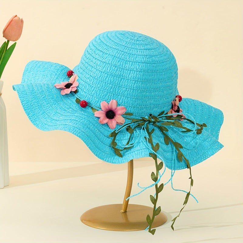 Ladies' Summer Straw Hat with Flower and Fruit Details – Solène-Blue-State of Style