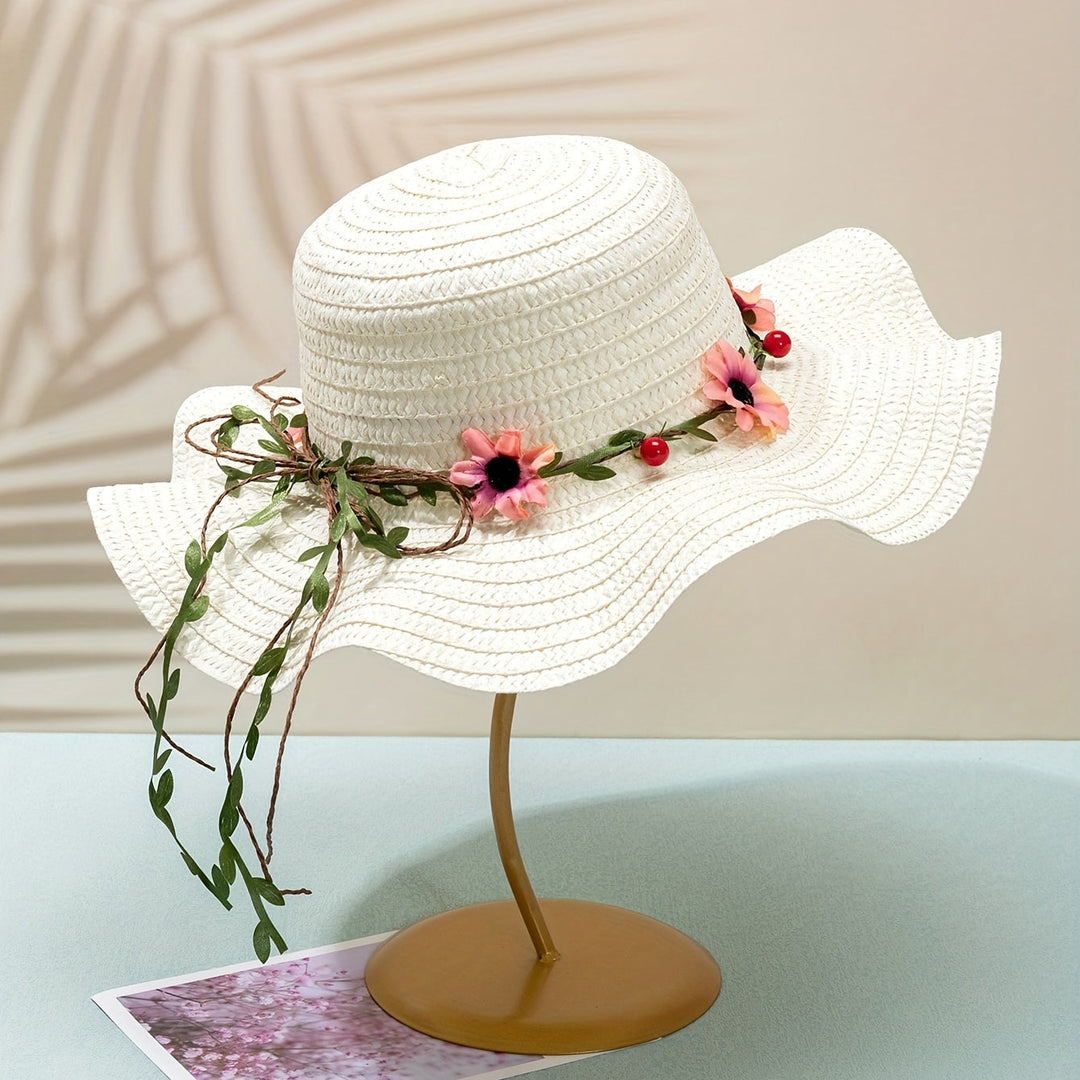 Ladies' Summer Straw Hat with Flower and Fruit Details – Solène-Cream-State of Style