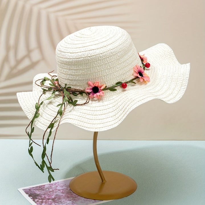 Ladies' Summer Straw Hat with Flower and Fruit Details – Solène-Cream-State of Style