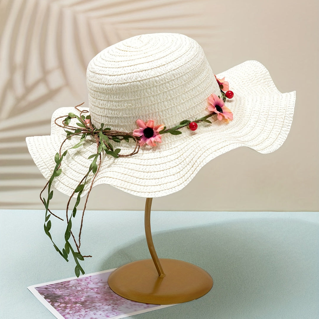 Ladies' Summer Straw Hat with Flower and Fruit Details – Solène-Cream-State of Style