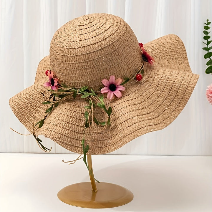 Ladies' Summer Straw Hat with Flower and Fruit Details – Solène-Khaki-State of Style