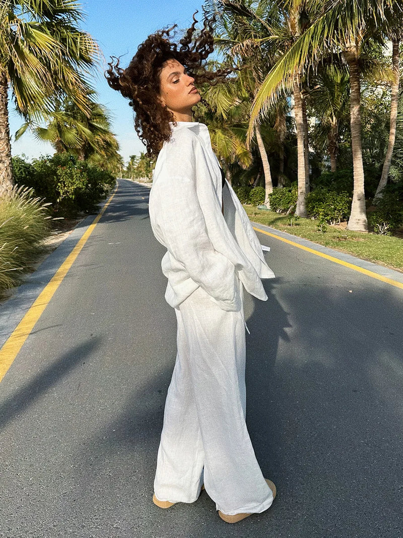Ladies Summer Two-Piece Trouser & Top – Léonie-White short-S-State of Style