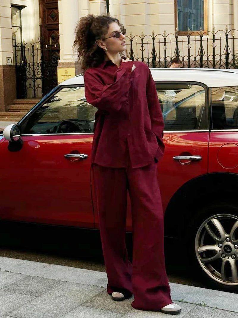 Ladies Summer Two-Piece Trouser & Top – Léonie-Wine Red Long-S-State of Style