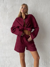Ladies Summer Two-Piece Trouser & Top – Léonie-Wine red short-S-State of Style