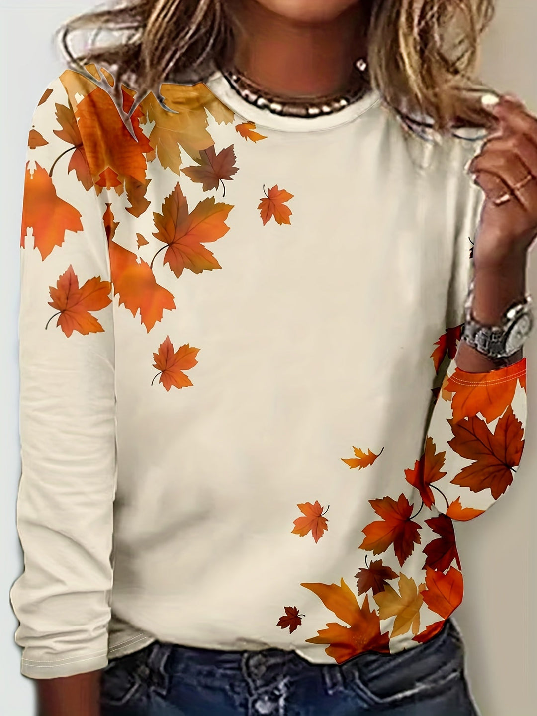 Ladies T-shirt with Maple Leaf Print and Long Sleeves - Elayna-S-State of Style