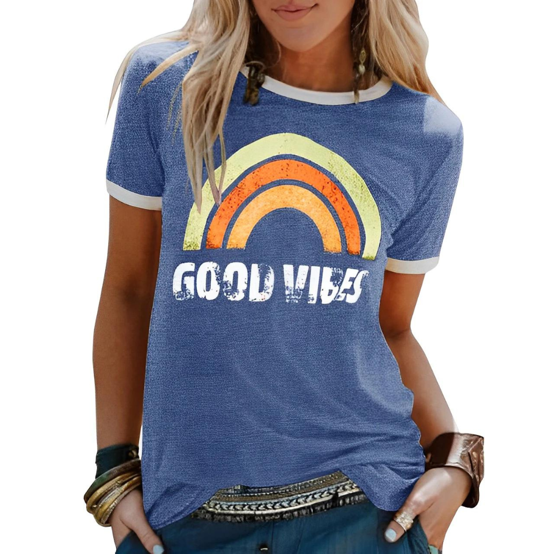 Ladies' T-shirt with Rainbow Print – Sunny-Blue-S-State of Style