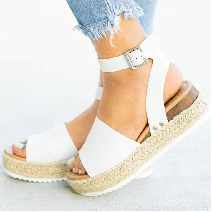 Ladies' wedge espadrille sandals with strap - Livia-White-3-State of Style