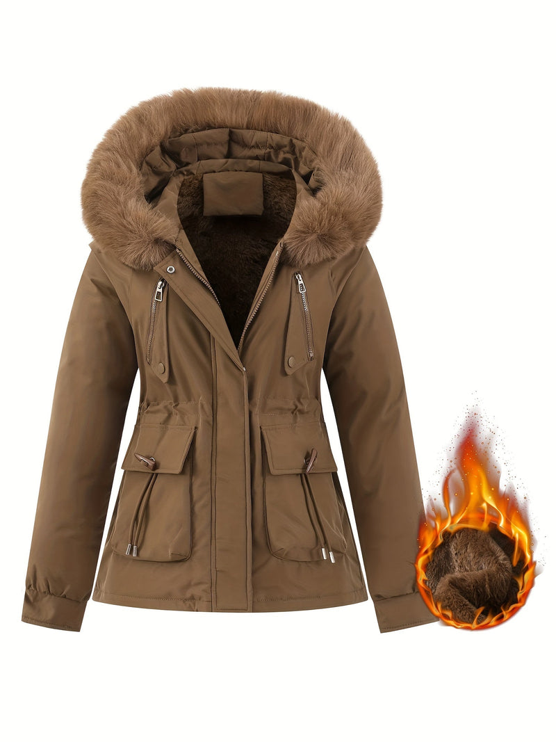 Ladies' Winter Coat with Detachable Fur Hood - Noëlle-Coffee-XS-State of Style