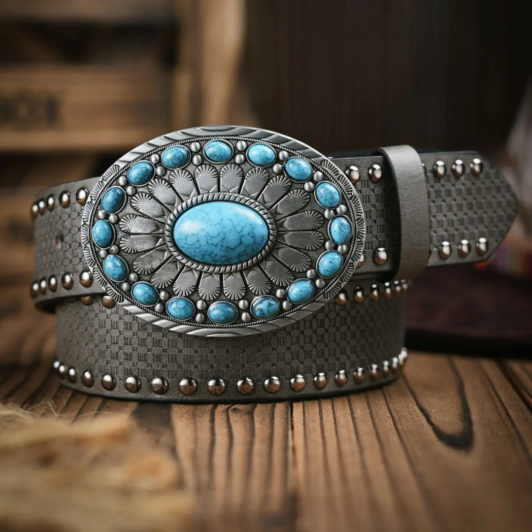 Lara Traditional Belt – Western-Style PU Leather Belt with Bull Buckle-Grey-State of Style