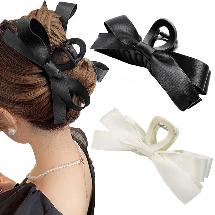 Large Satin Bow Clips-1 piece Black + 1 piece White-State of Style