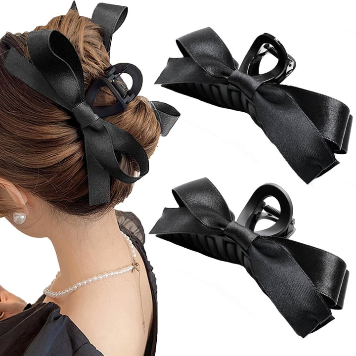 Large Satin Bow Clips-2 pieces Black-State of Style