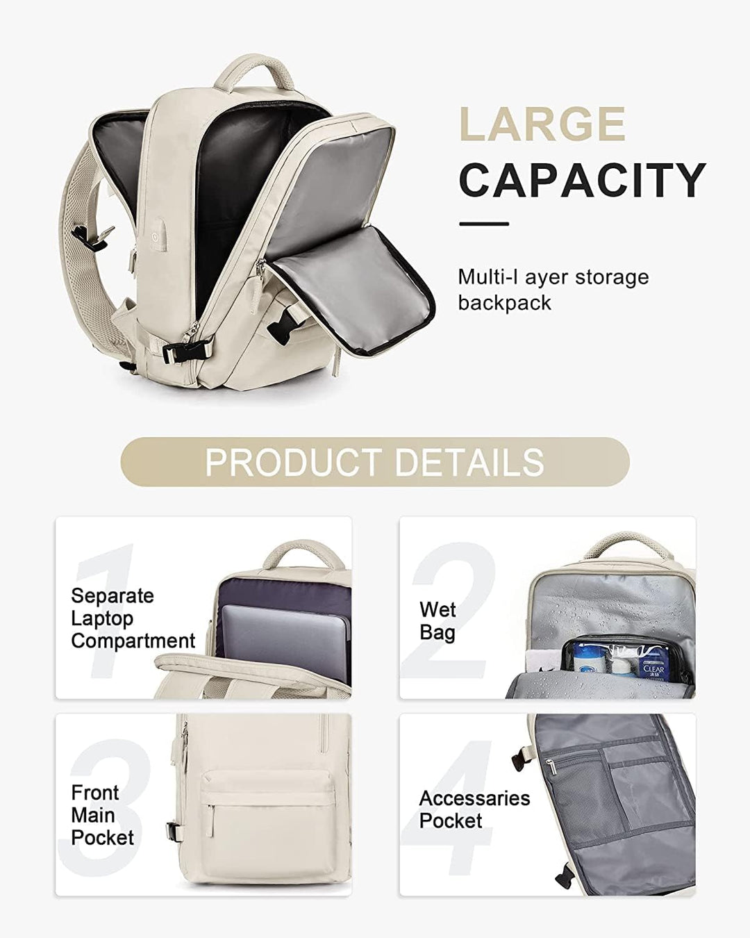 40L Waterproof Travel Backpack with Shoe Compartment & USB Port – 14” Laptop Fit