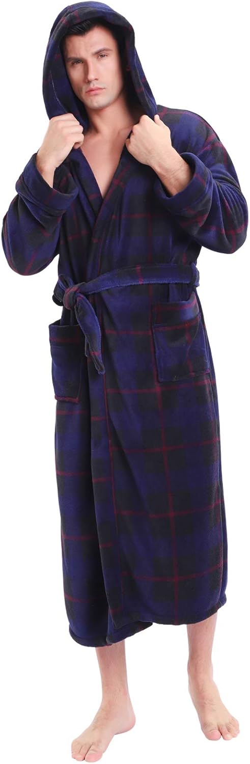 Lars Luxury Men's Robe with Hood-Dark Blue Plaid-S-State of Style
