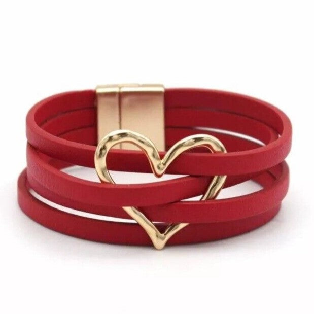 Layered Leather Wrap Bracelet | Trendy Multi-Strand Jewellery-RED HEART-State of Style